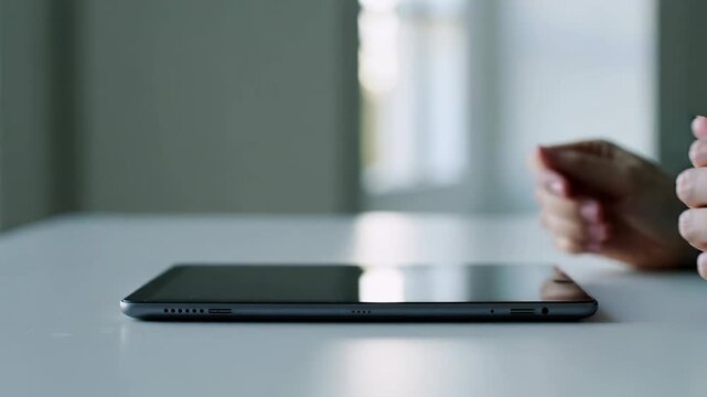 Gentle hands meticulously position a modern dark tablet device on a pristine white desk surface