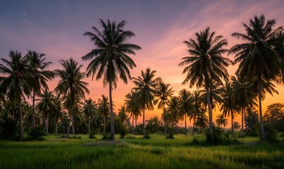 Fototapeta premium Vibrant tropical sunset over a lush green field with silhouetted palm trees, creating a serene and picturesque landscape.
