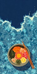 Vibrant Seafood Bowl Above Ocean Waves Landscape