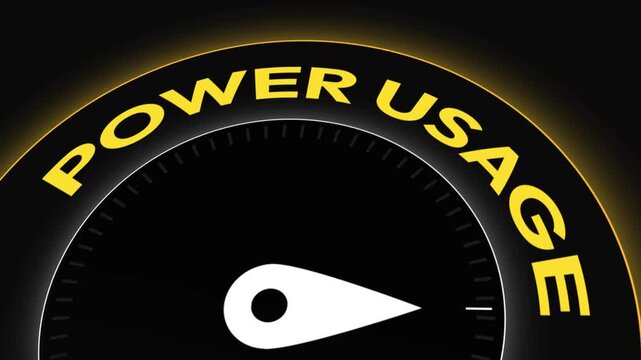 High power consumption concept with yellow speedometer needle at maximum 4k animation showcasing energy use and efficiency in contemporary life