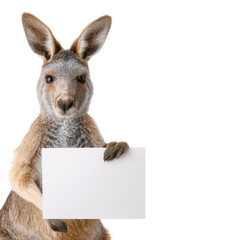 Obraz premium A kangaroo holds a blank sign on transparent background