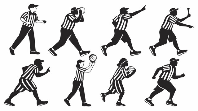 Set of Sports Referee Silhouettes in Striped Uniforms Running and Signaling During Games for Athletic Competition Design Elements and Officiating Graphics on White Background