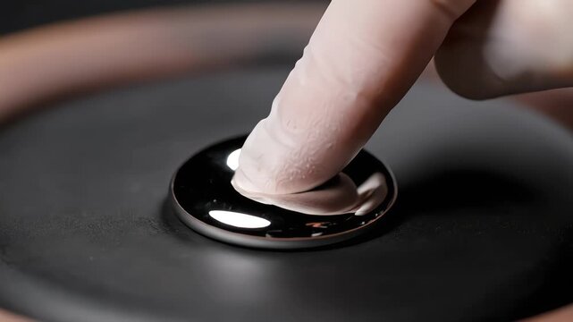 Gloved finger pressing liquid metal sphere transforming from jagged rock on dark surface