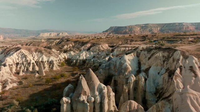 Scenic view of Love Valley in Cappadocia, Turkey, famous for its unique rock formations and fairy chimneys shaped by volcanic activity and erosion.