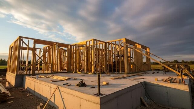 Residential Construction Site with Wooden Framing Underway on Concrete Foundation at Sunset with Dramatic Cloudy Sky Background