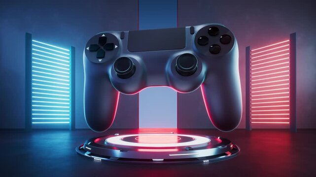 Futuristic video game controller levitating on glowing platform with neon lights dynamic motion