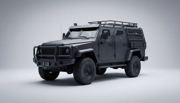 A black armored vehicle with a rugged design and roof rack stands ready for off-road adventures, captured from a low angle.