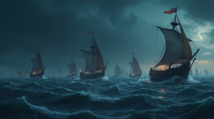 Fleet of Viking longships sailing on a stormy sea at night under a full moon. Dramatic cinematic scene of Norse warriors on a voyage during a tempest. Generative AI.