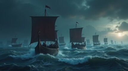 Fleet of Viking longships sailing on a stormy sea at night under a full moon. Dramatic cinematic scene of Norse warriors on a voyage during a tempest. Generative AI.