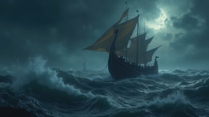 Fleet of Viking longships sailing on a stormy sea at night under a full moon. Dramatic cinematic scene of Norse warriors on a voyage during a tempest. Generative AI.