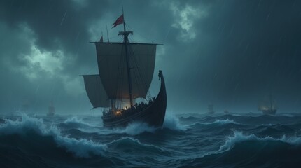 Fleet of Viking longships sailing on a stormy sea at night under a full moon. Dramatic cinematic scene of Norse warriors on a voyage during a tempest. Generative AI.