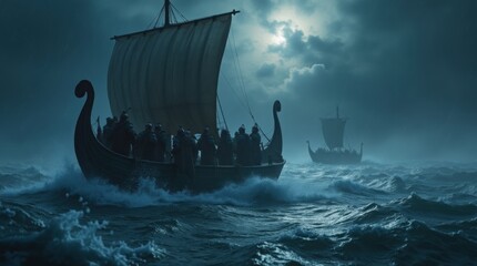 Fleet of Viking longships sailing on a stormy sea at night under a full moon. Dramatic cinematic scene of Norse warriors on a voyage during a tempest. Generative AI.