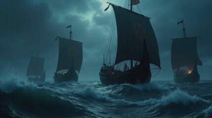 Fleet of Viking longships sailing on a stormy sea at night under a full moon. Dramatic cinematic scene of Norse warriors on a voyage during a tempest. Generative AI.