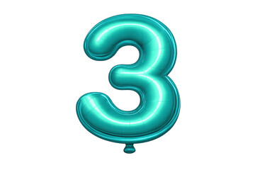 Fototapeta premium Teal number three metallic balloon on transparent background
