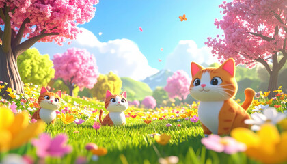 Fototapeta premium Spring whimsical cat. Cute cartoon cats in vibrant meadow with cherry blossoms and butterflies, creating joyful spring scene