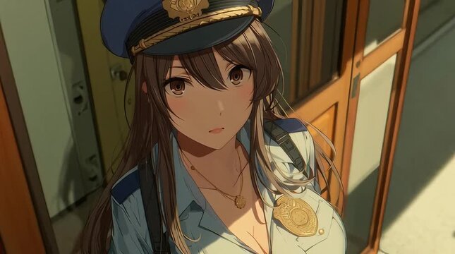 3D Animation of Busty Anime Woman Police Officer Wearing Blue Uniform and Cap in Confident Pose
