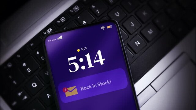 Smartphone displaying back in stock notifications and temperature in 4K animation for marketing use