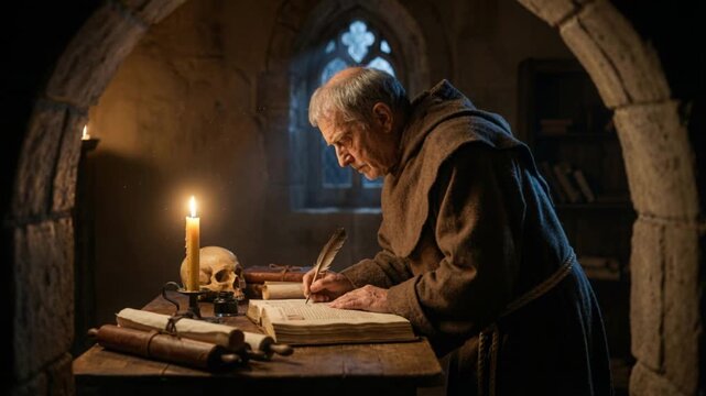 Elderly monk writing in a manuscript with a quill. Medieval scribe working in a candlelit stone scriptorium. Historical monastic life and preservation of knowledge concept