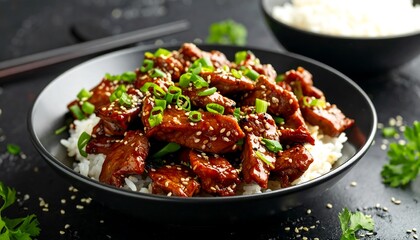 Fototapeta premium Close-up of saucy meat, sprinkled sesame seeds, green onions, and white rice in a bowl, alongside chopsticks and another rice bowl