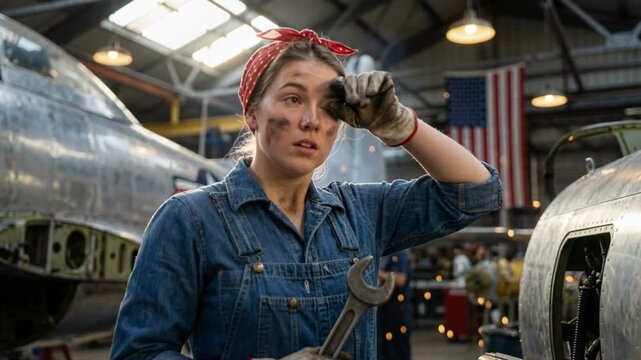 Female aircraft mechanic wiping sweat in a vintage hangar. Rosie the Riveter style worker holding a wrench near fighter planes. Industrial labor and female empowerment concept