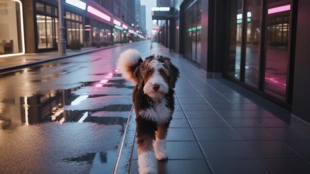 Bernedoodle dog walking at night on wet city street with glowing lights