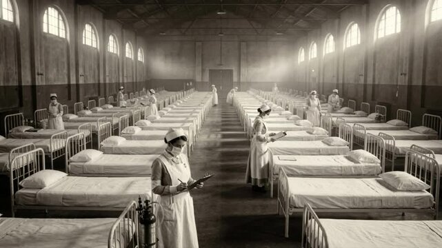 Historical hospital ward with rows of beds and nurses in vintage uniforms. Sepia toned footage of a medical infirmary during a pandemic. Mid-century healthcare and nursing scene