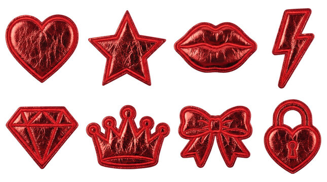 Red metallic patch set including heart, star, lips, lightning, diamond, crown, bow, and lock shapes. Embroidered textile fashion accessories.