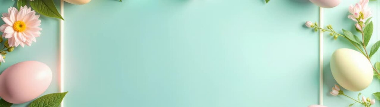 Pastel easter eggs and spring flowers decorating mint green background with light frame.