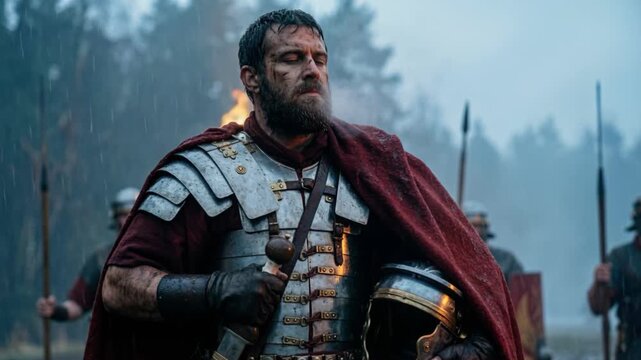 Roman centurion in detailed armor standing in a rainy forest. Battle-worn ancient soldier with red cloak and helmet. Historical drama and military leadership concept. Cinematic footage