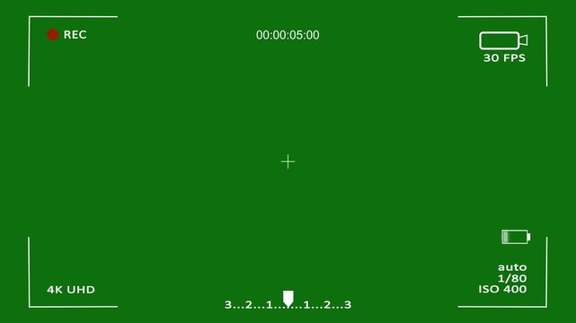Illustrated frame of the video camera screen in 4k resolution,Recording Screen motion graphics on green screen background, VCR VHS Recording,camera viewfinder,Camera recording interface, Camera frame