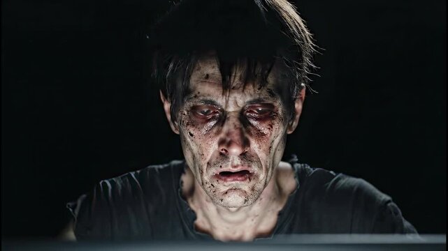 Post apocalyptic survivor infected with a virus staring intensely at a computer screen in a dark room. His bloody, creepy face with red eyes reflects the light from the monitor