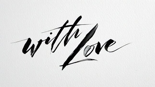 A close-up shot of a black calligraphic text 'with Love' on a gray background with a subtle texture, conveying a romantic and elegant mood for Valentine's Day.