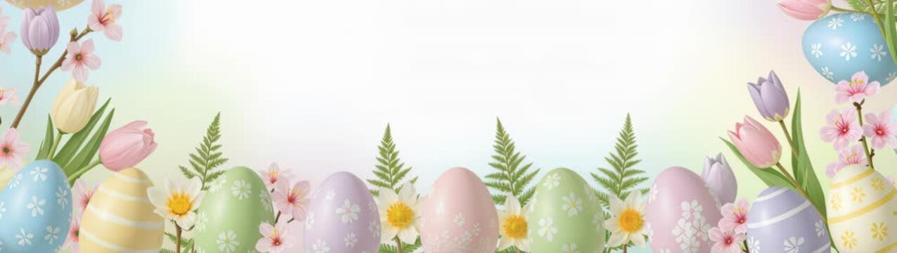 Pastel easter eggs with tulips, cherry blossoms, and ferns creating festive spring border.
