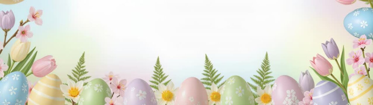 Pastel easter eggs with tulips, cherry blossoms, and ferns creating festive spring border.