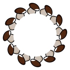Circular wreath made of cartoon-style acorns with brown caps and beige bodies. Ideal for autumn-themed designs, labels, and nature illustrations © Lipitorika