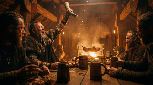 Viking warriors celebrating a feast in a wooden longhouse. Norse men drinking from horns around a central fire with roasted meat. Medieval history and traditional banquet concept