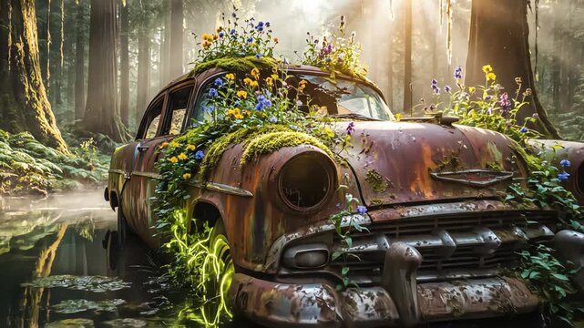 Rusty vintage car submerged in swamp water overgrown with flowers and moss in misty forest
