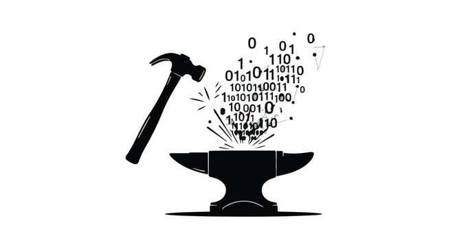 Coding and development concept with hammer and binary code