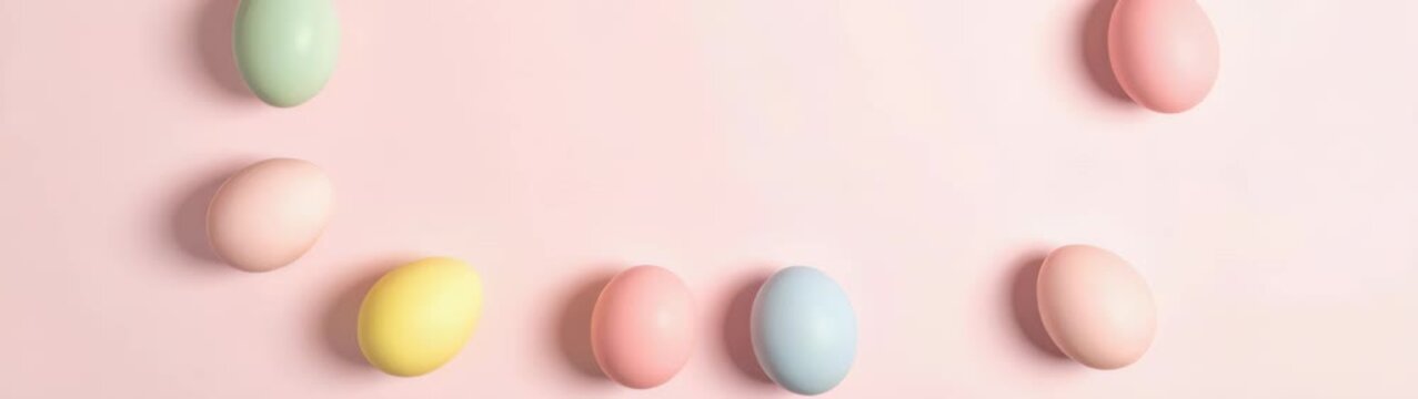Pastel colored easter eggs on a light pink background creating joyful spring banner.