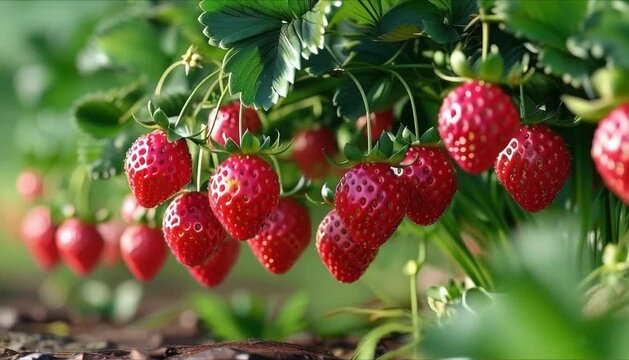 Light wind stirs green leaves as ripe strawberries hang low on cultivated bushes. Early planting season in organized garden rows under soft sunlight.