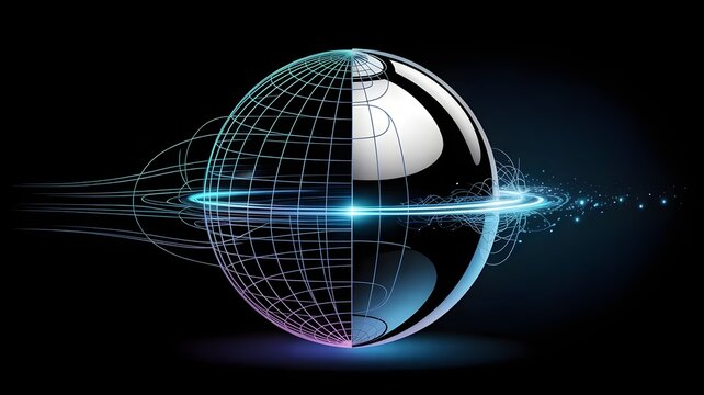 Chrome sphere materializing from grid &ndash; Suitable for software dev.