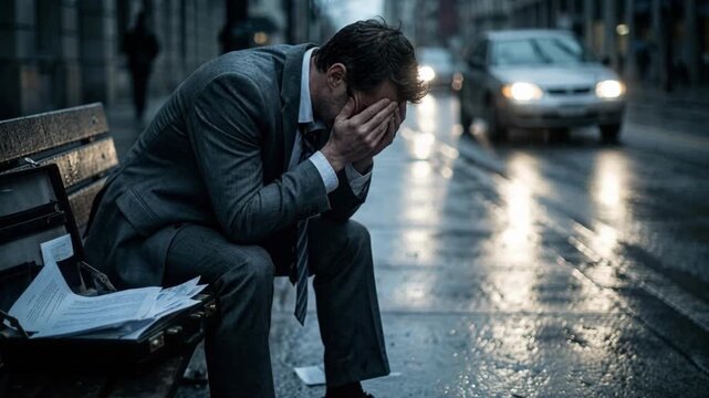 A stressed and depressed businessman sitting on a city bench in the rain. A sad man holds his head in despair after a business failure or job loss. Financial crisis and burnout concept
