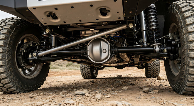 Off-road vehicle undercarriage robust axle, differential, heavy-duty suspension on rugged terrain