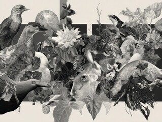 Nature Collage with Animals and Plants in Black and White