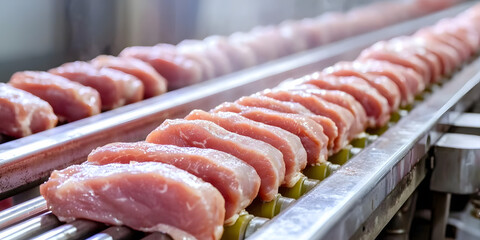 Poultry fillets being processed at a large facility.
