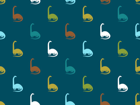 Cute kid poster with dinosaur icon. Summer bright seamless pattern with brachiosaurus . Geometric banner of ancient predator animal, vector illustration