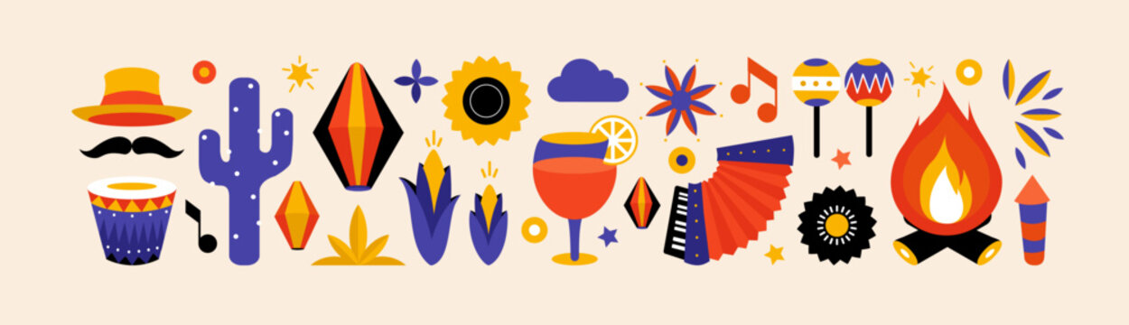 Festa junina poster with geometric pattern. Summer brazilian carnival banner with icons of music, lanterns, flowers, hats and flags. Geometric banner of june festival in Brazil, vector illustration