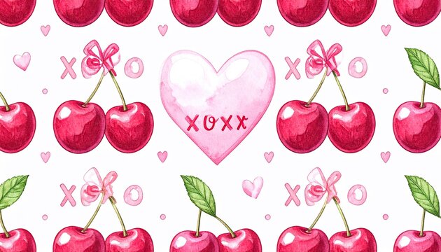 Watercolor seamless pattern featuring cute cherries and romantic hearts with XOX text.