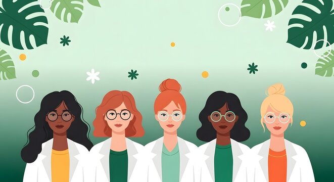 Diverse group of five women in lab coats and glasses standing together in front of green background with leaves