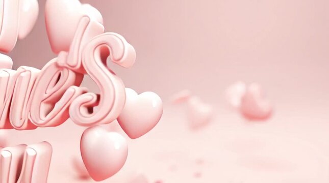 Close-up of pink hearts and cursive text on a soft pink background with a shallow depth of field for Valentine's Day